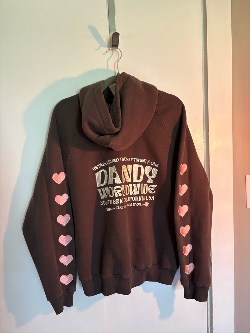 Brown Hoodie with Pink Heart Sleeves